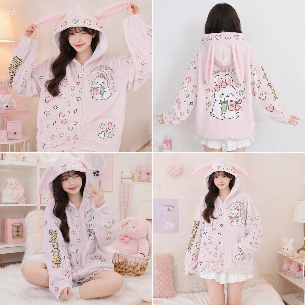 Iced Matcha Bunny Plush Pajama Hoodie