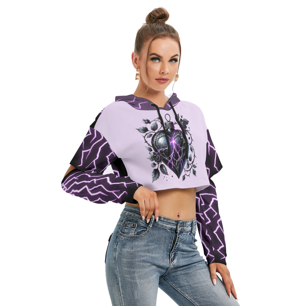 Kawaii Heaven Women's Cropped Fleece Hoodie with Hollow Sleeves, Warm FUR-Lined Fashion Top