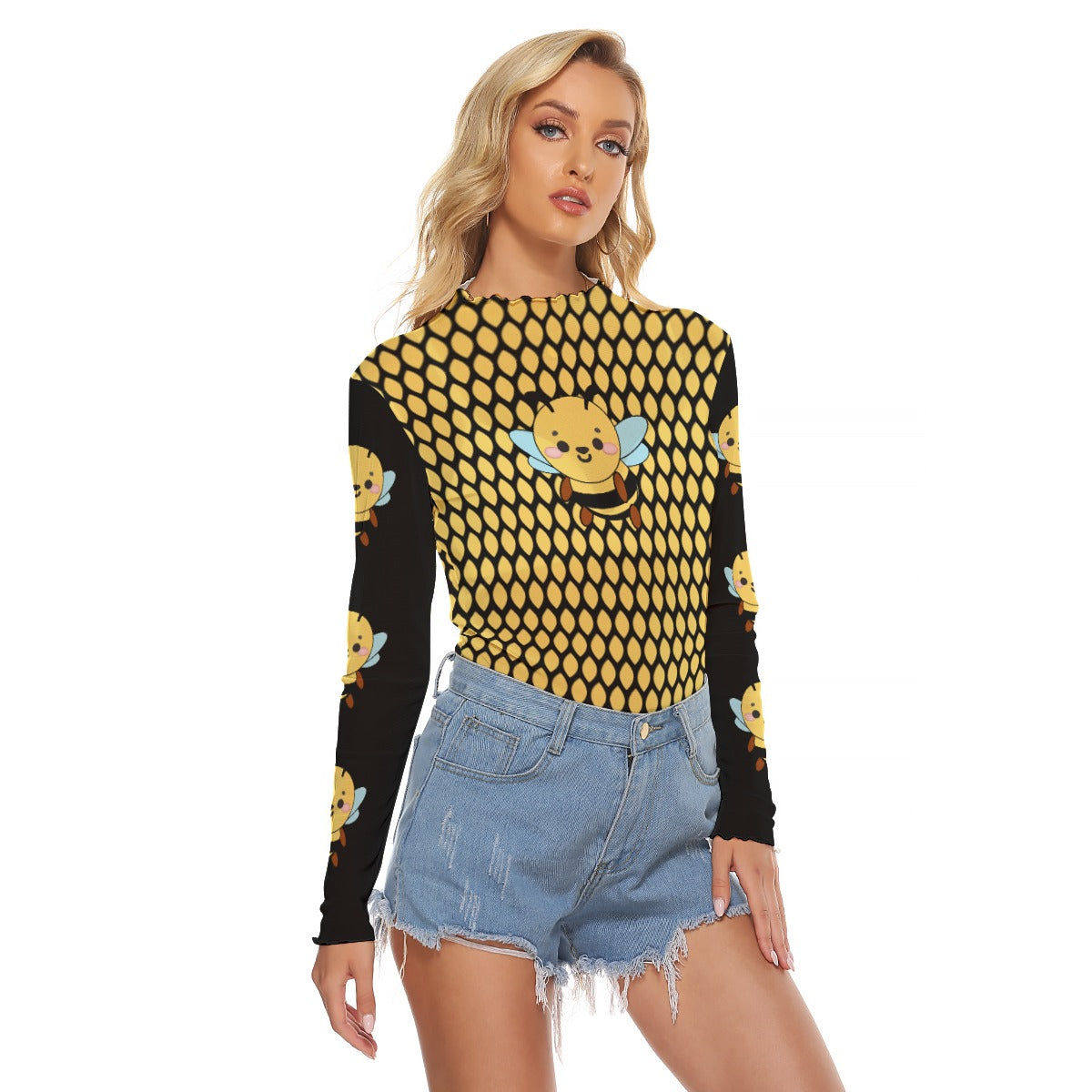 Women's Honeycomb Bee Mesh Long Sleeve Crop Top - Sexy Yellow Black Kawaii Aesthetic Shirt