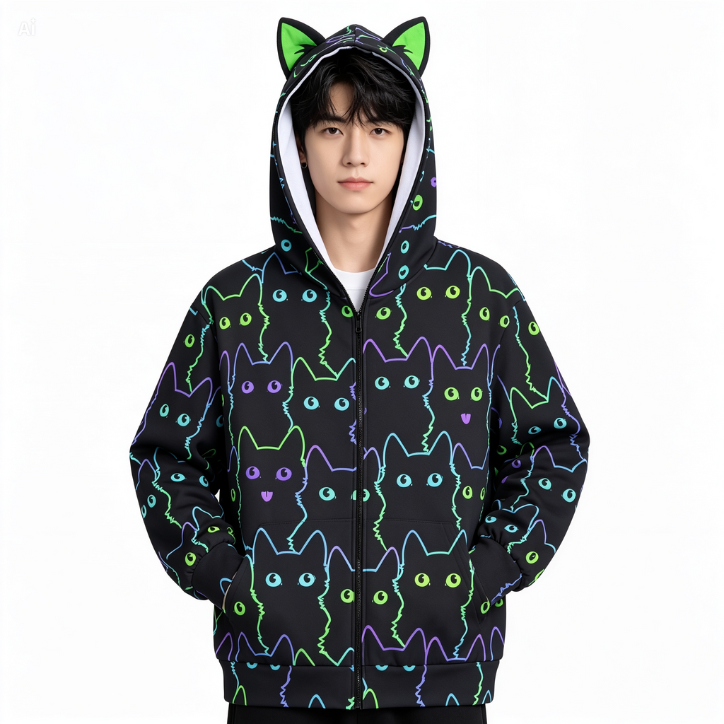 Neon Cat Print Zip-Up Hoodie with Cat Ears - Black Unisex Scuba Hooded Jacket