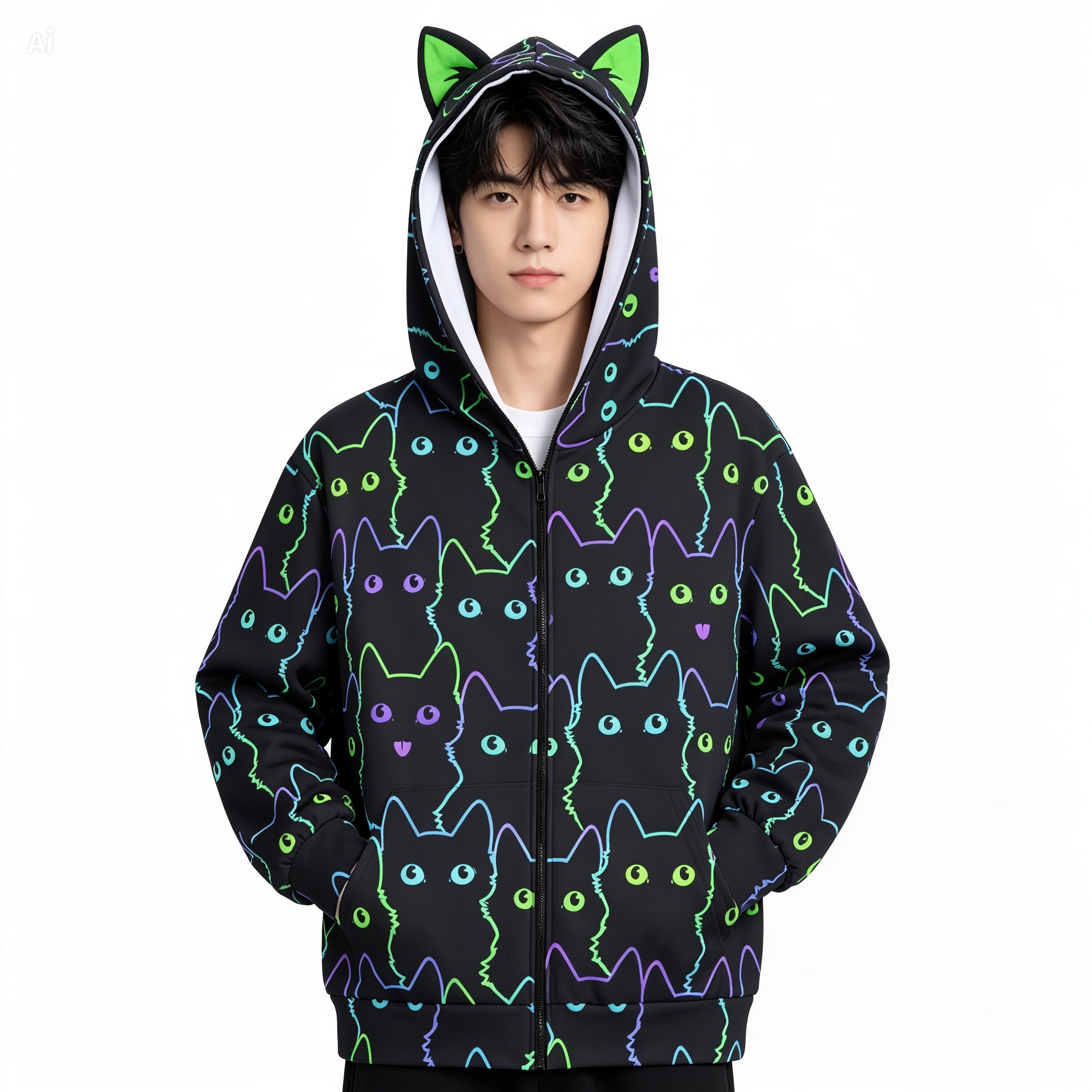 Neon Cat Print Zip-Up Hoodie with Cat Ears - Black Unisex Scuba Hooded Jacket