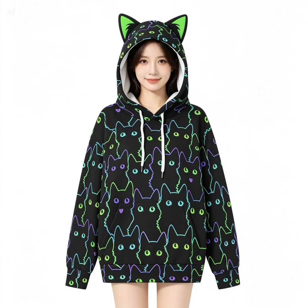 Neon Cat Print Hoodie for Women with Decorative Cat Ears - Black Scuba Pullover Sweatshirt