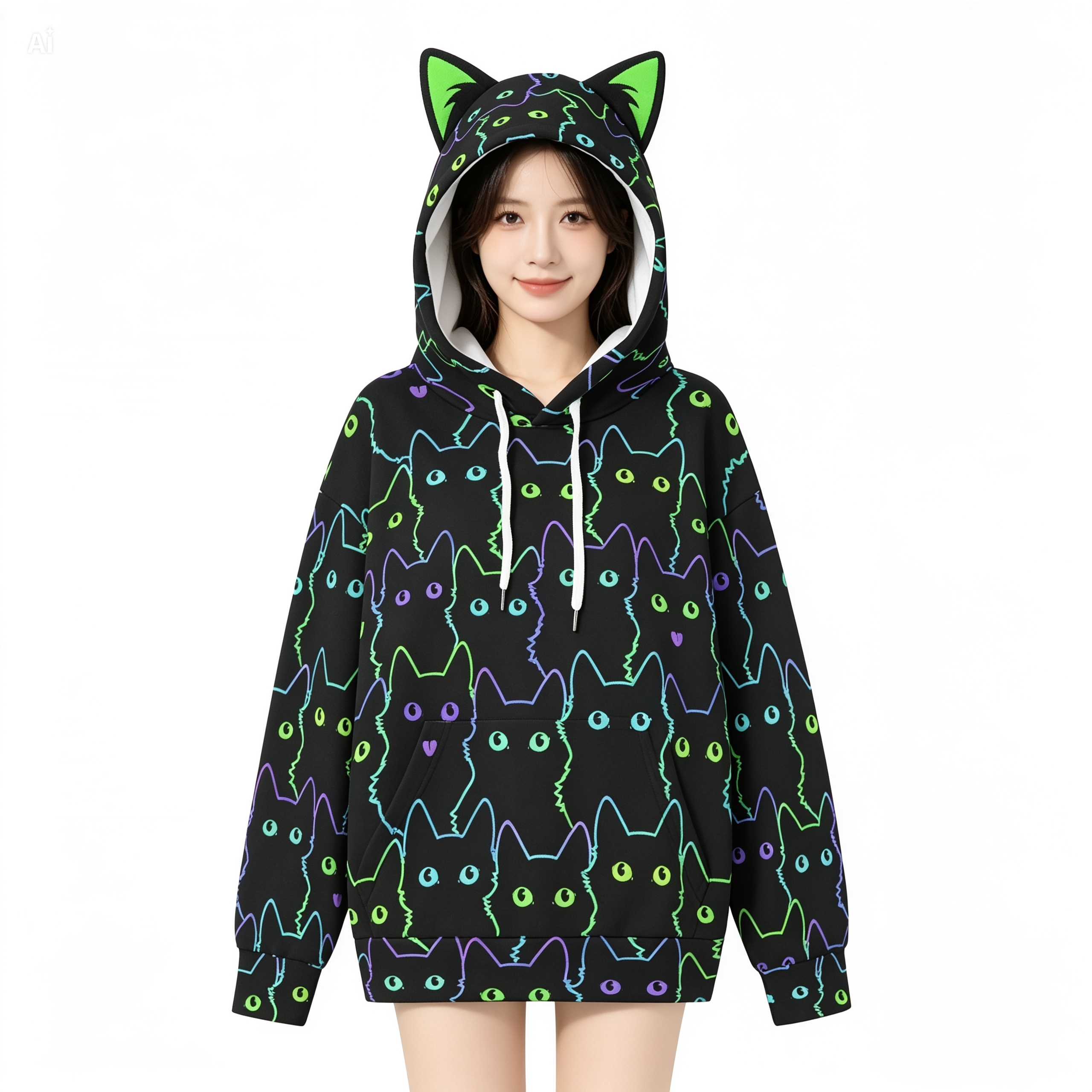 Neon Cat Print Hoodie for Women with Decorative Cat Ears - Black Scuba Pullover Sweatshirt