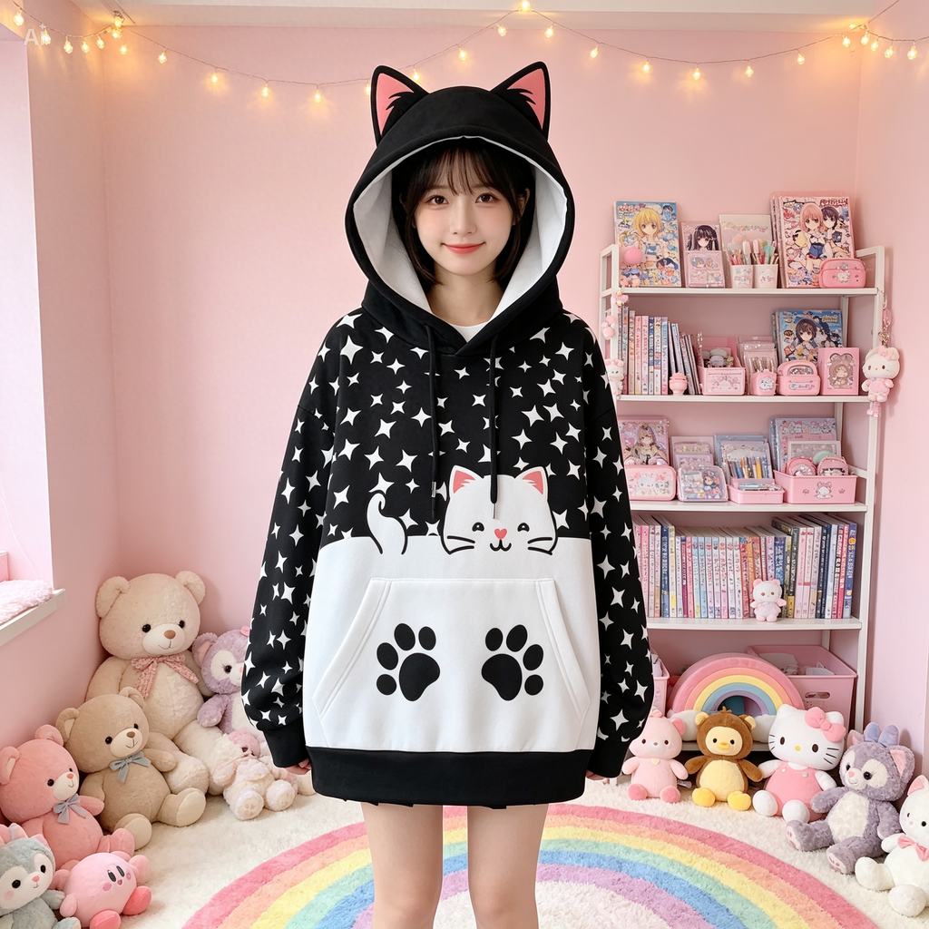 Cat Ear Hoodie – Kawaii Star Print Pullover with Paw Pocket