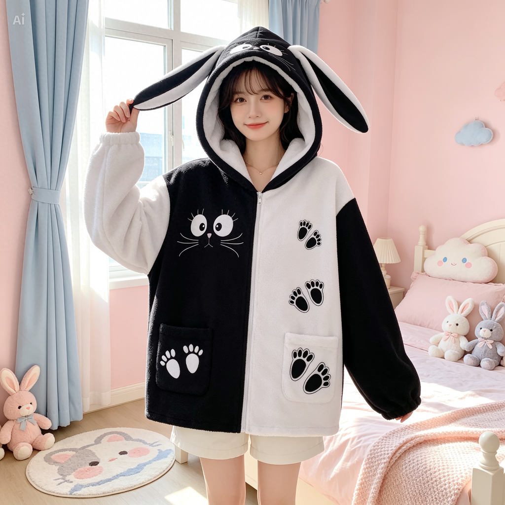 Kawaii Cat Bunny Ear Hoodie – Black and White Fleece Zip Up Jacket