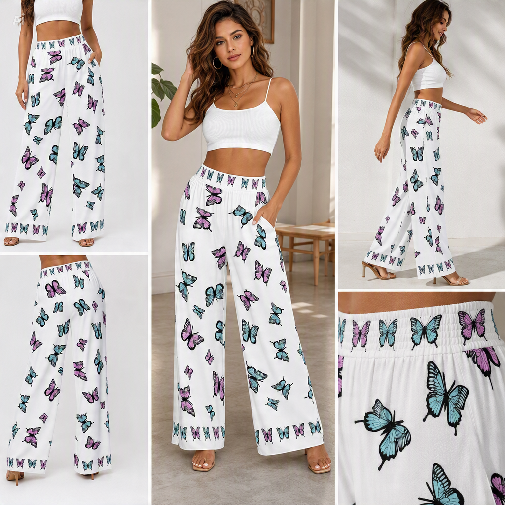 Pastel Butterfly Wide-Leg Palazzo Pants | 100% Rayon