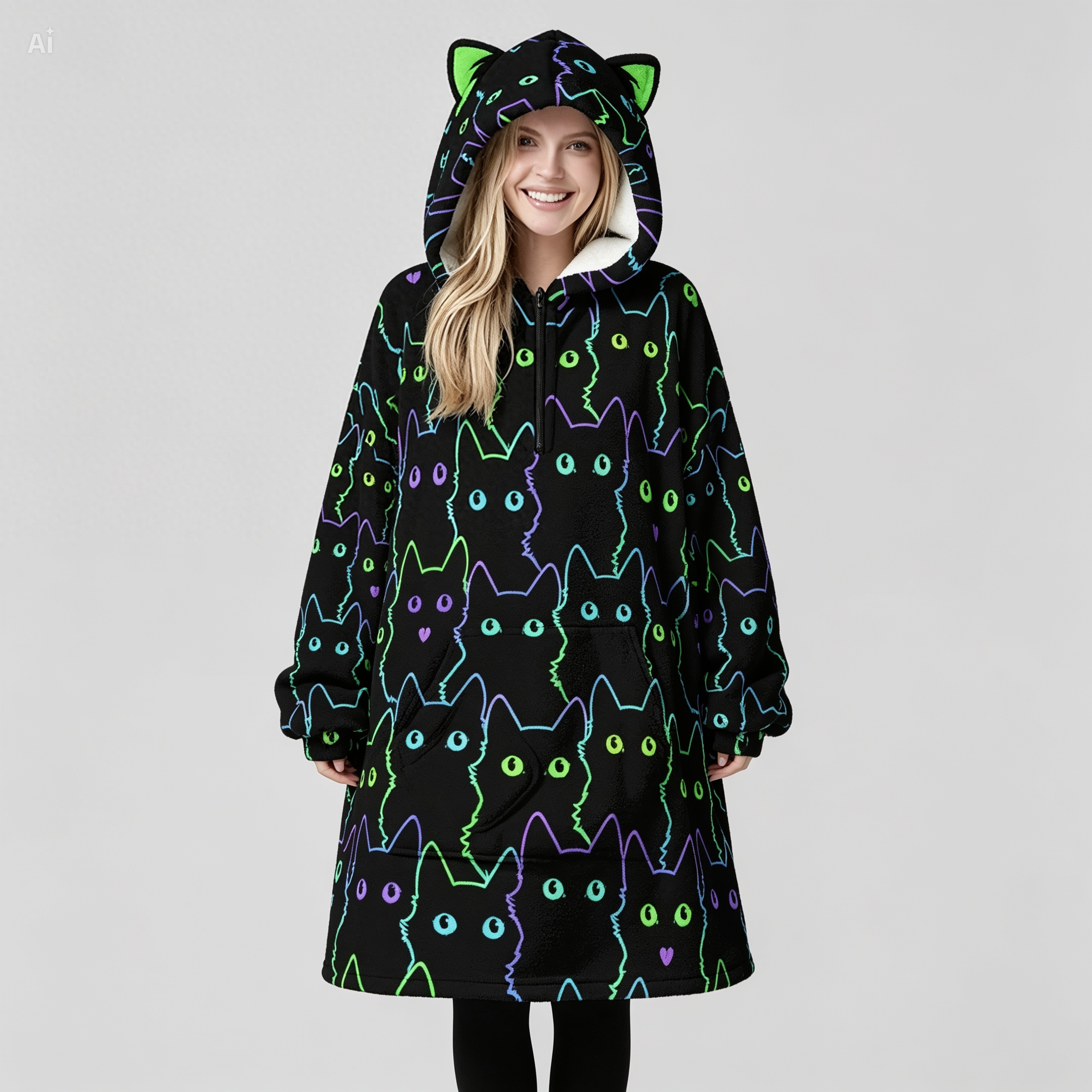 Neon Cat Oversized Fleece Blanket Hoodie