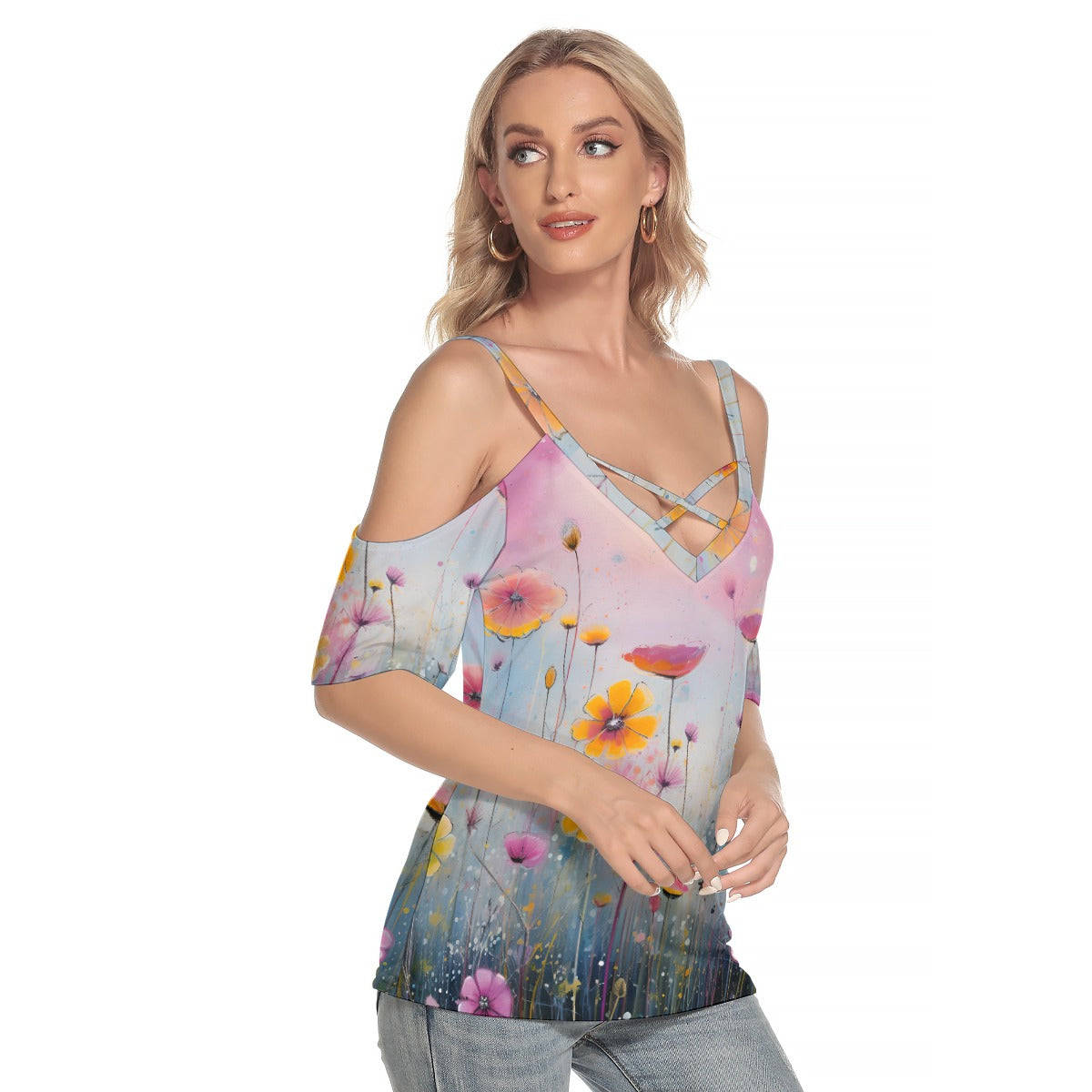 Kawaii Heaven Women's Floral Cold Shoulder Criss-Cross Tee - Summer Boho Top