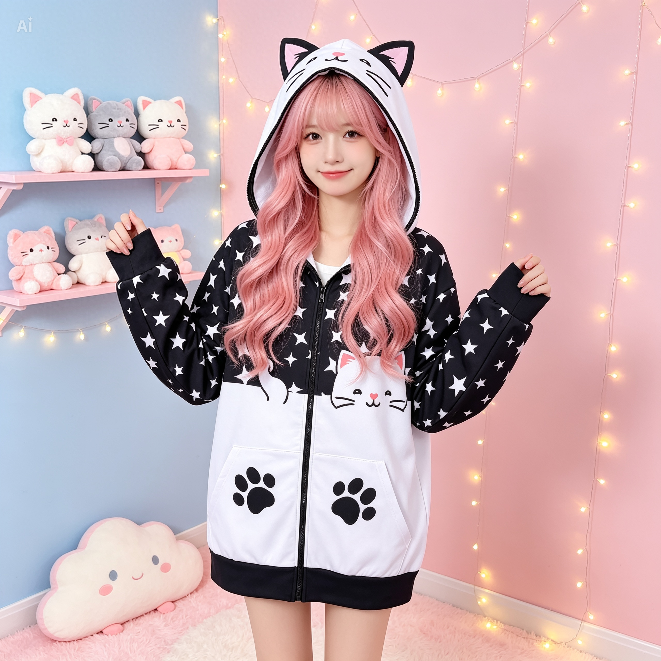 Cat Ear Zip Hoodie – Kawaii Star Print Jacket with Paw Pockets