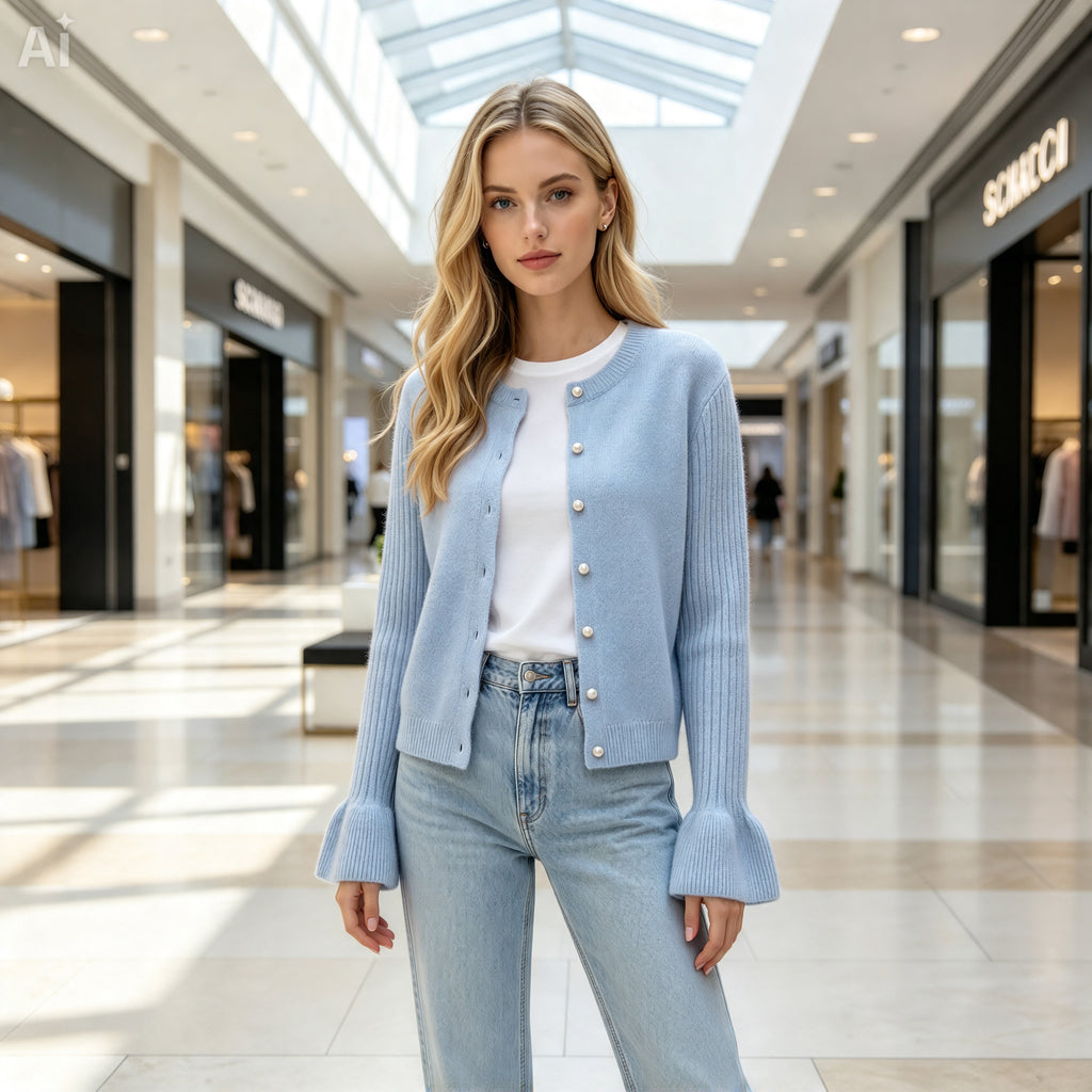 Blue Knit Cardigan with Pearl Buttons – Cute Ruffle Cuff Sweater
