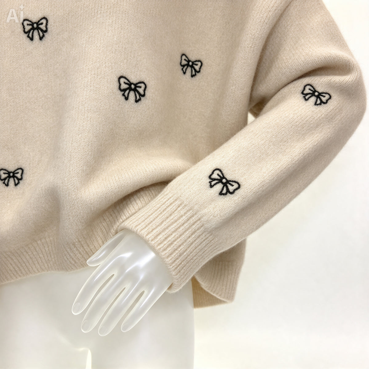 Cream Bow Knit Sweater – Fluffy Coquette Pullover with Black Embroidered Bows