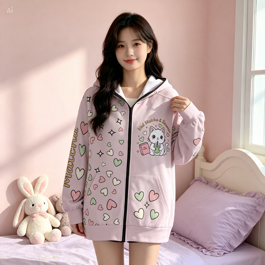 Matcha Reading Cat Ear Zip-Up Hoodie
