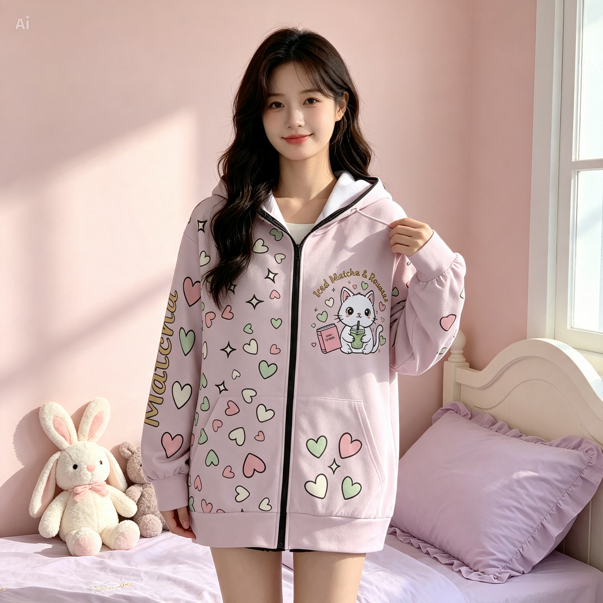 Matcha Reading Cat Ear Zip-Up Hoodie