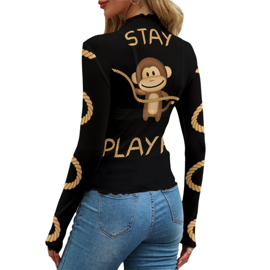Playful Monkey Long Sleeve Top – Lightweight Mesh Feel with Fun Graphic