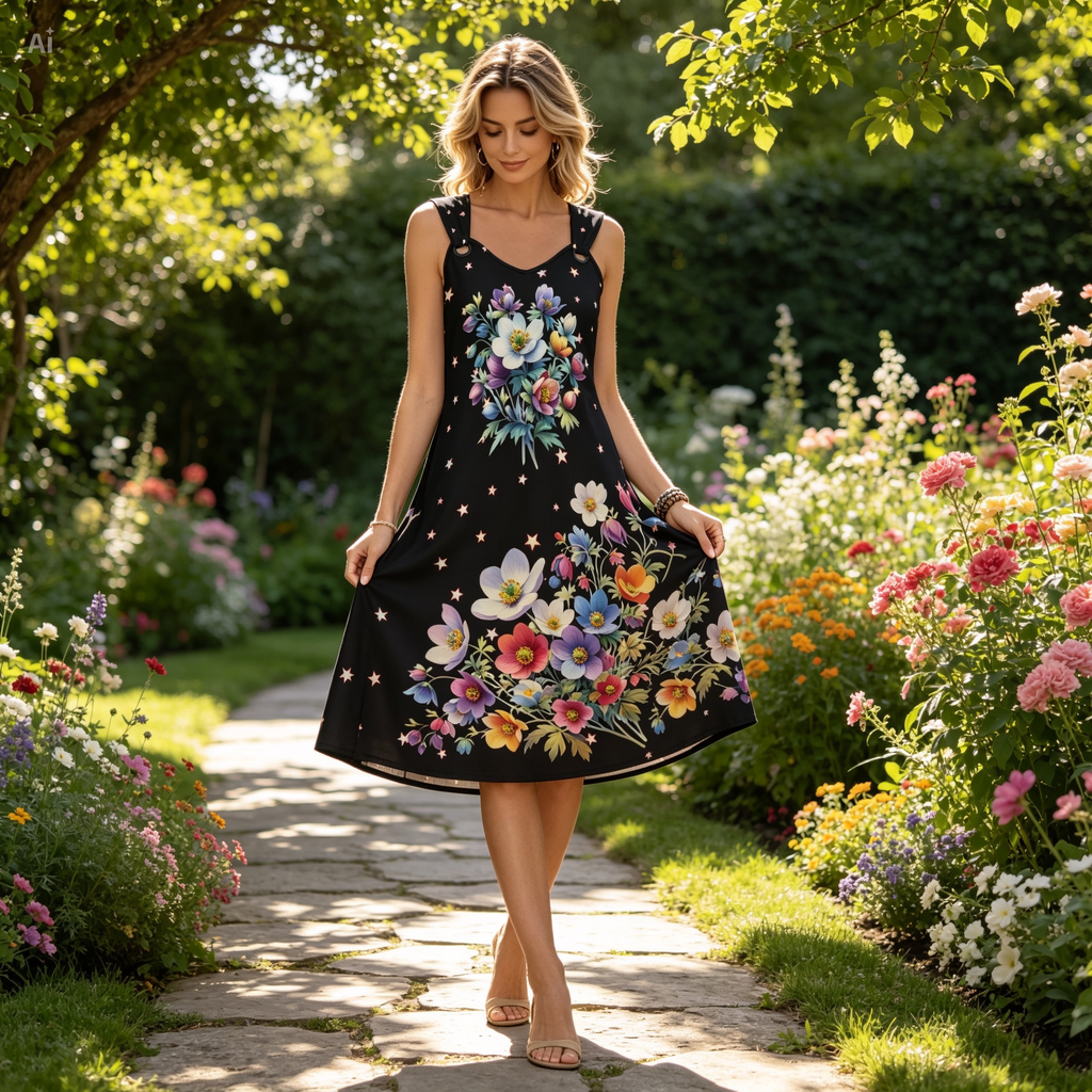 Floral Sleeveless Boho Dress – Black Flower Print Summer Dress