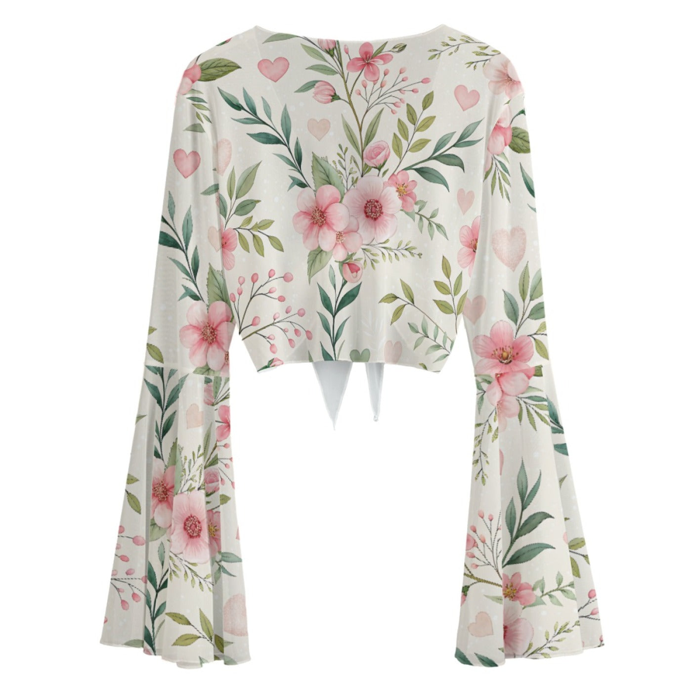 Floral Mesh Tie Front Top – Sheer Bell Sleeve Blouse