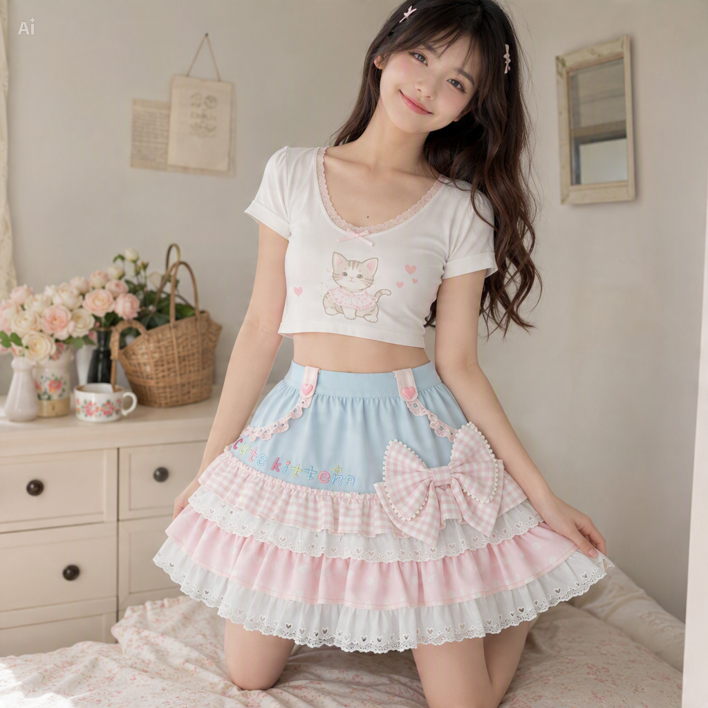 Blue Pink Harajuku Ruffle Skirt | Kawaii A-Line Mini Skirt