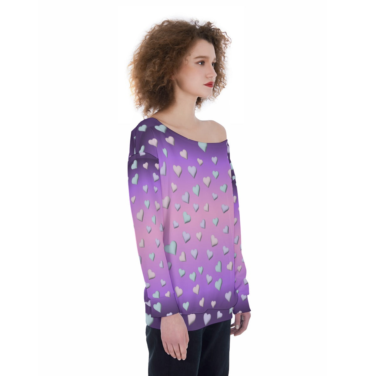 Pastel Gradient Heart Off-Shoulder Sweatshirt – Kawaii Women’s Pullover