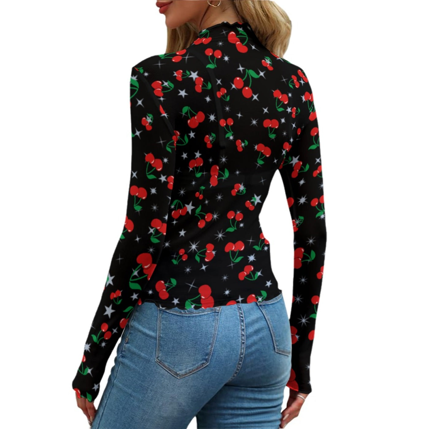Cherry Print Mesh Top – Black Long Sleeve Slim Fit Shirt