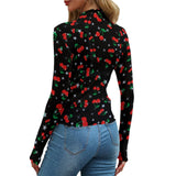 Cherry Print Mesh Top – Black Long Sleeve Slim Fit Shirt