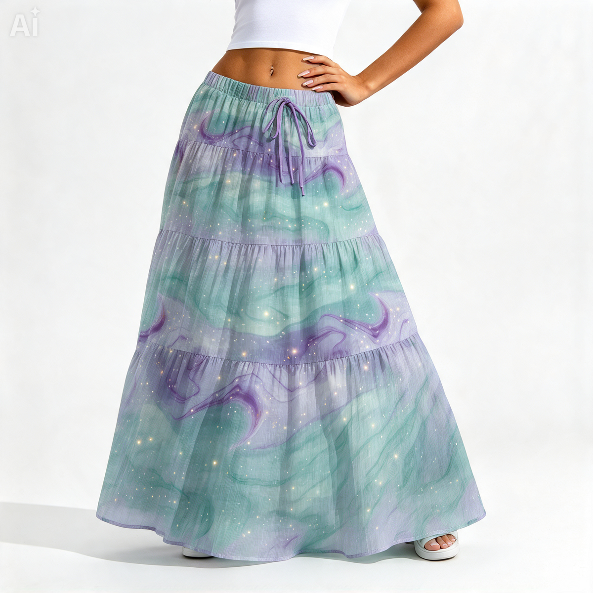 Pastel Galaxy Tiered Maxi Skirt