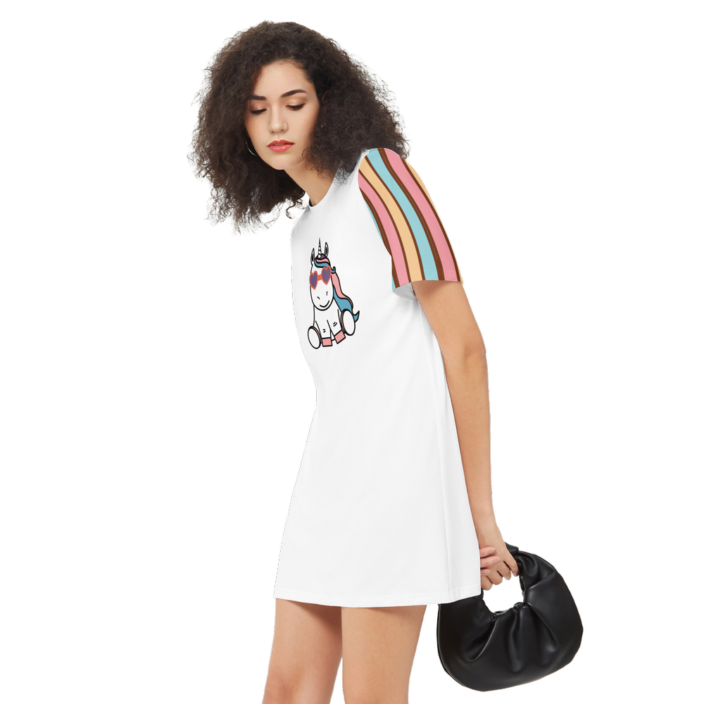 Kawaii Unicorn White Women's Short-Sleeve T-Shirt Dress-Heavyweight 225g