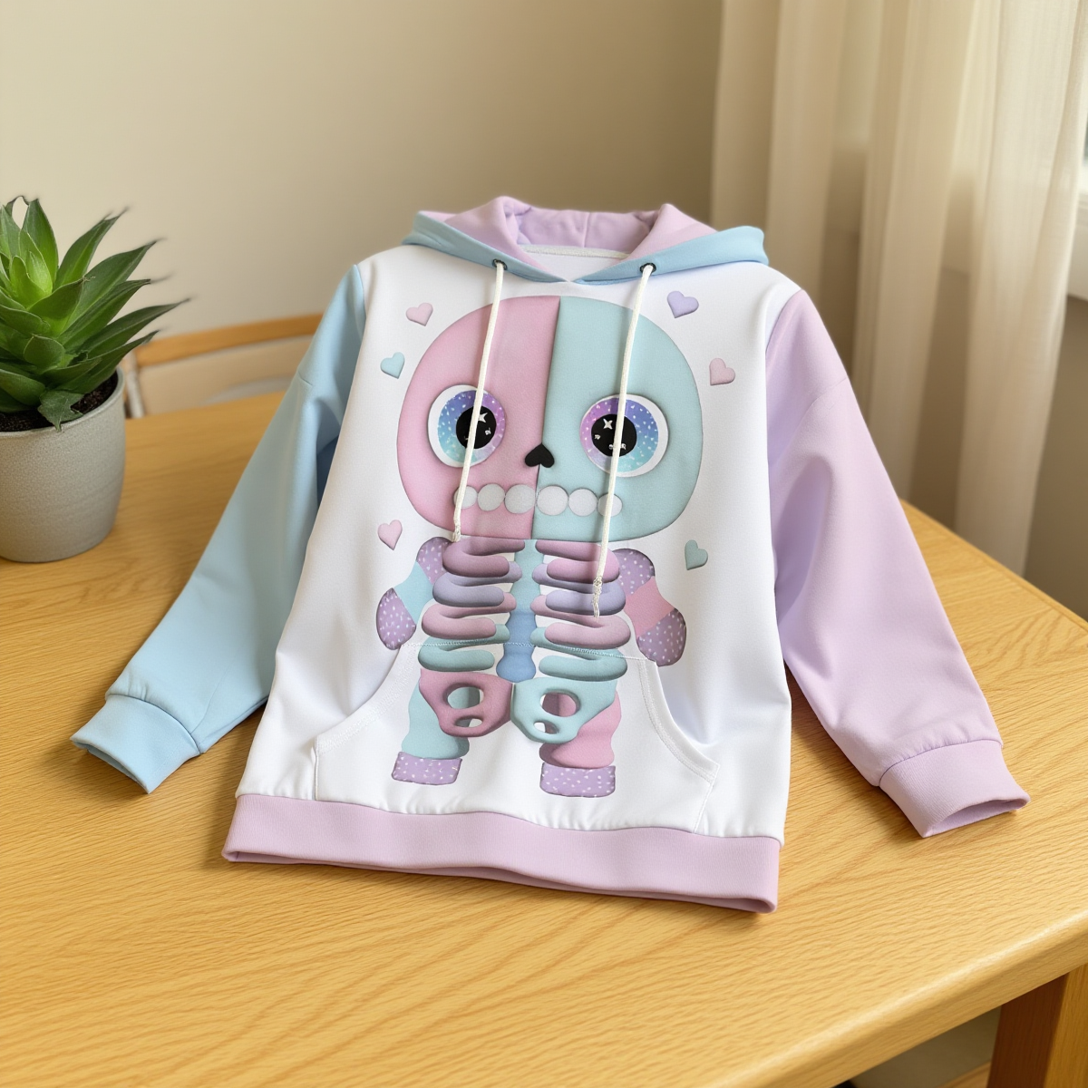 Pastel Skeleton Print Women's Pullover Hoodie - Kawaii Heaven Scuba Hooded Sweatshirt with Drawstring