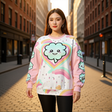 Kawaii Heaven Unisex Fleece Sweatshirt with Shamrock Rainbow Print - Loose Fit Hacci Fleece Crew Neck Sweater