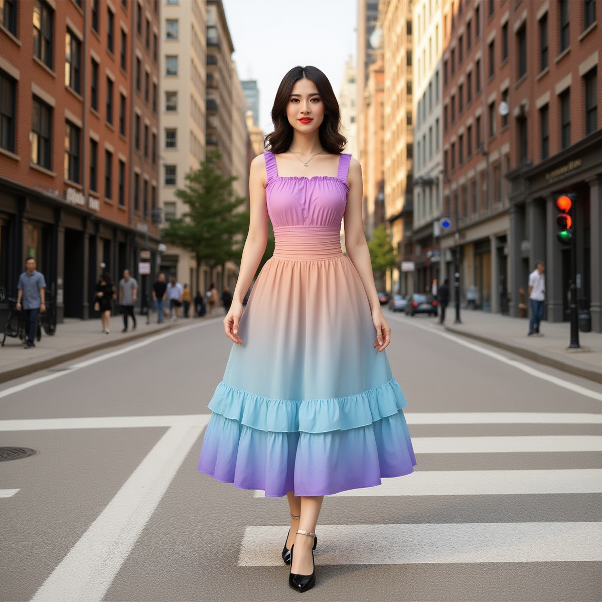 Pastel Gradient Ruffle Dress – Sleeveless Midi Dress with Soft Flow