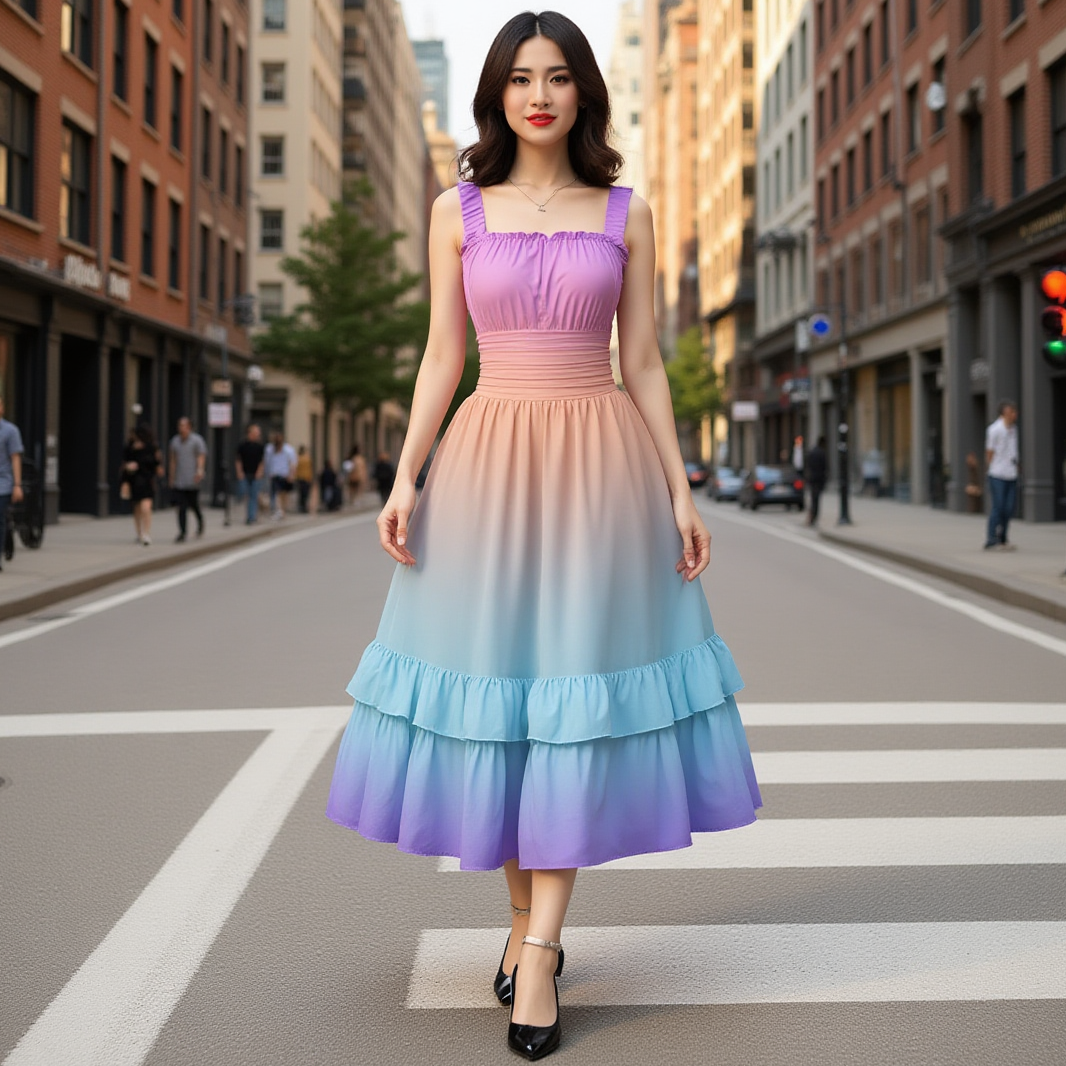 Pastel Gradient Ruffle Dress – Sleeveless Midi Dress with Soft Flow