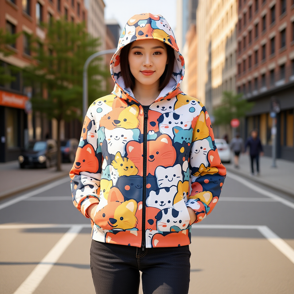 Cartoon Animal Zip Hoodie – Playful Cat & Dog Graphic Jacket