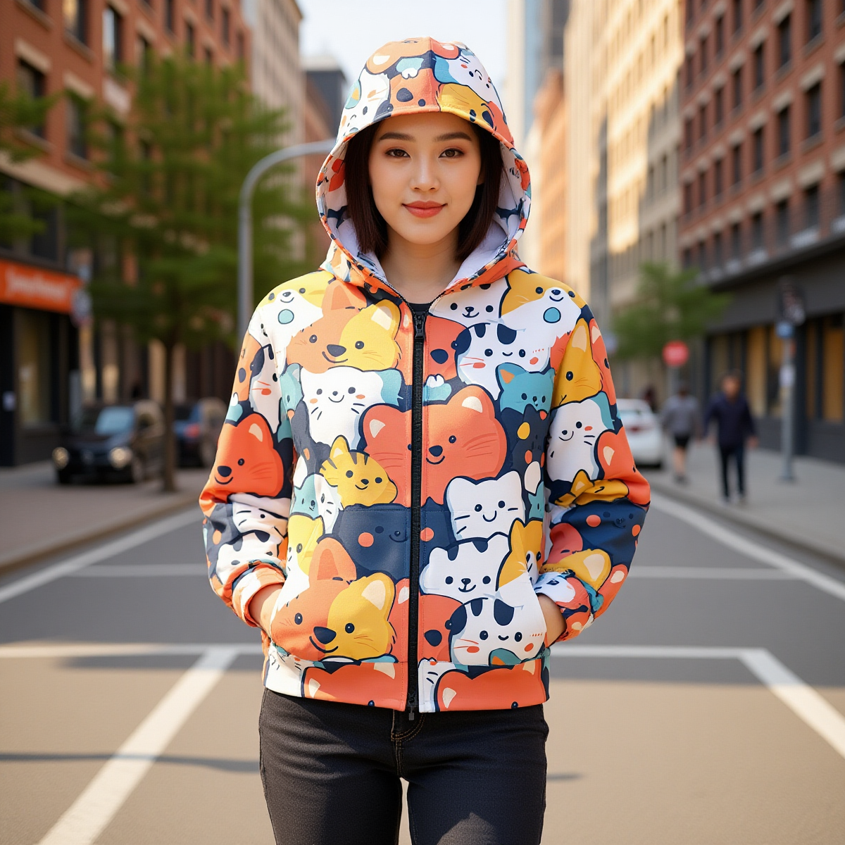 Cartoon Animal Zip Hoodie – Playful Cat & Dog Graphic Jacket