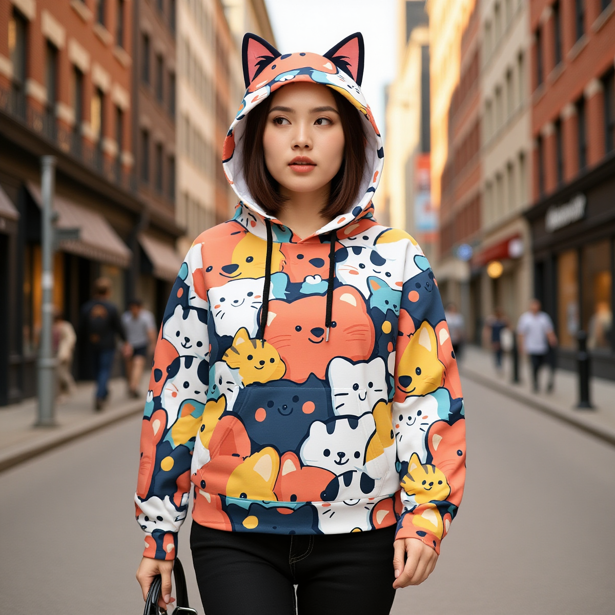 Cartoon Animal Hoodie with Cat Ears – Cozy Graphic Hoodie