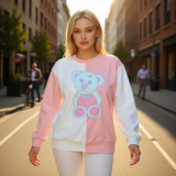 Pastel Teddy Bear Cotton Sweatshirt – Soft Colorblock Crewneck