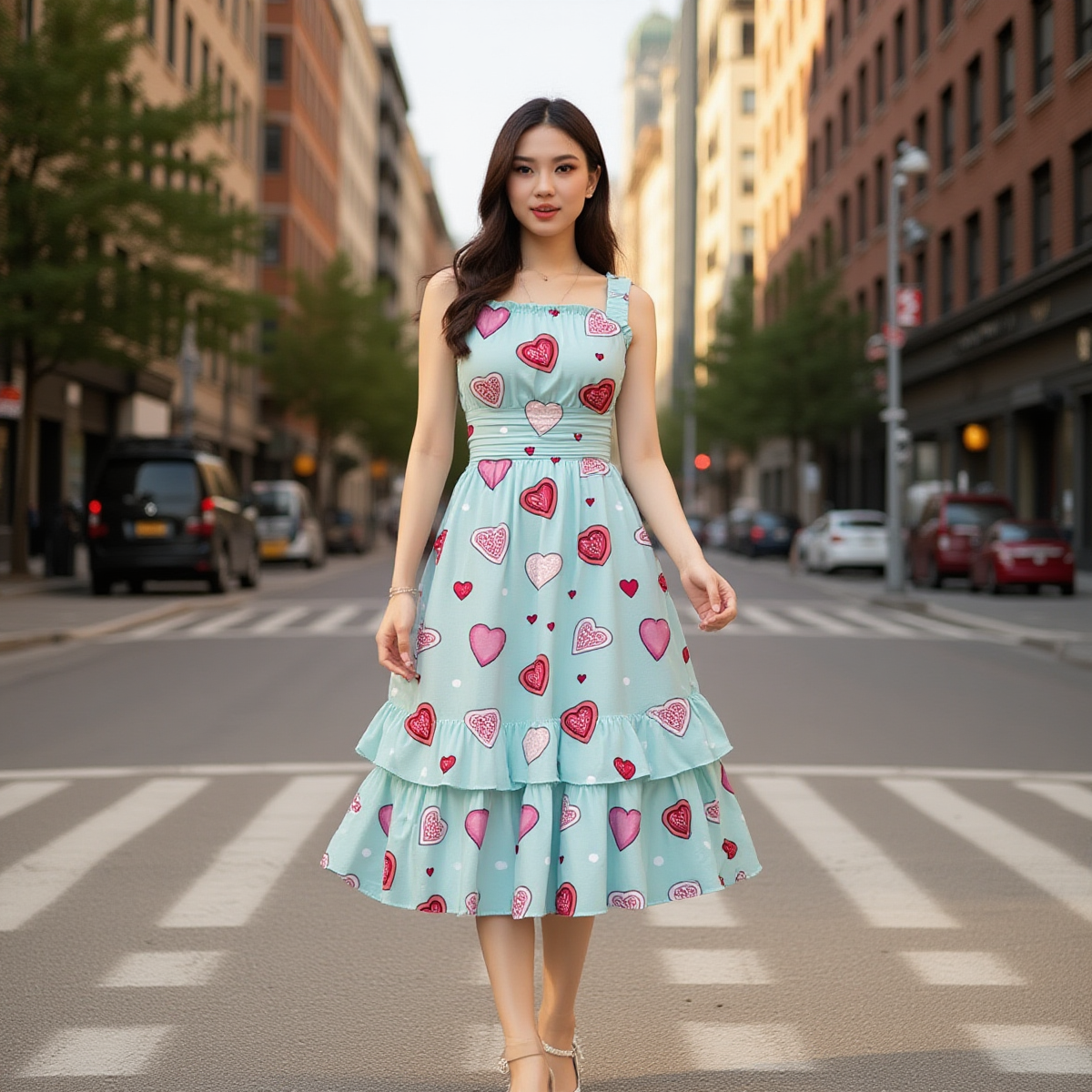 Heart Print Ruffle Midi Dress – Sleeveless Summer Dress