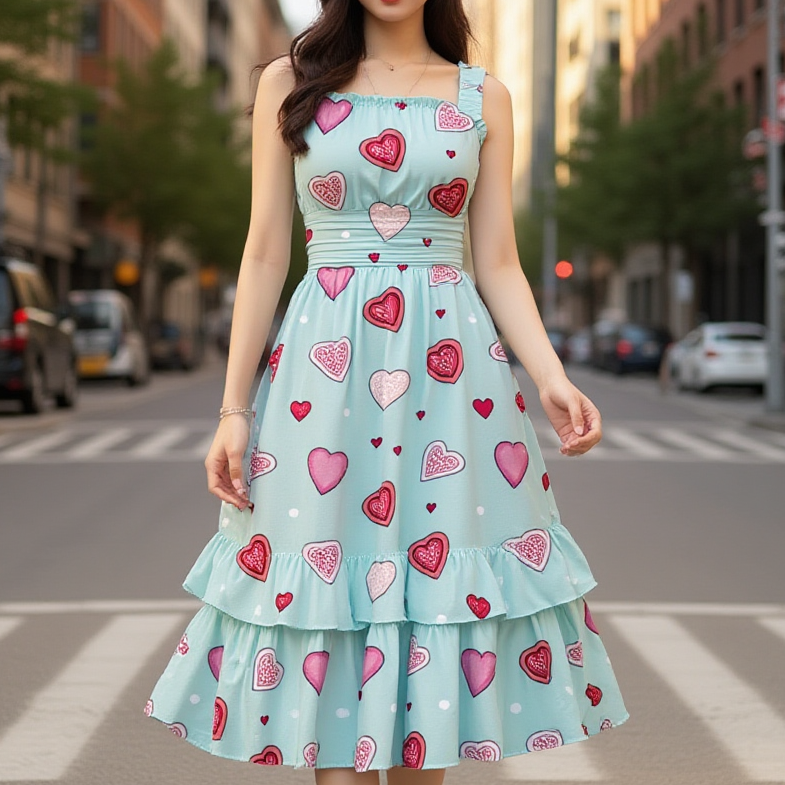 Heart Print Ruffle Midi Dress – Sleeveless Summer Dress