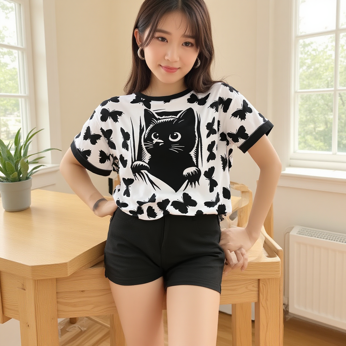 Open Back Cat Graphic T-Shirt – Relaxed Fit Crossover Yoga Top