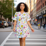 Kawaii Smiley Face Tunic Dress – Cute Cartoon Print V-Neck Mini Dress
