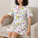 Kawaii Smiley Face Tunic Dress – Cute Cartoon Print V-Neck Mini Dress