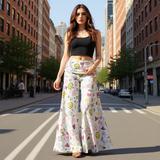 Kawaii Smiley Face Wide Leg Pants – High Waisted Flowy Doodle Print Pants for Women