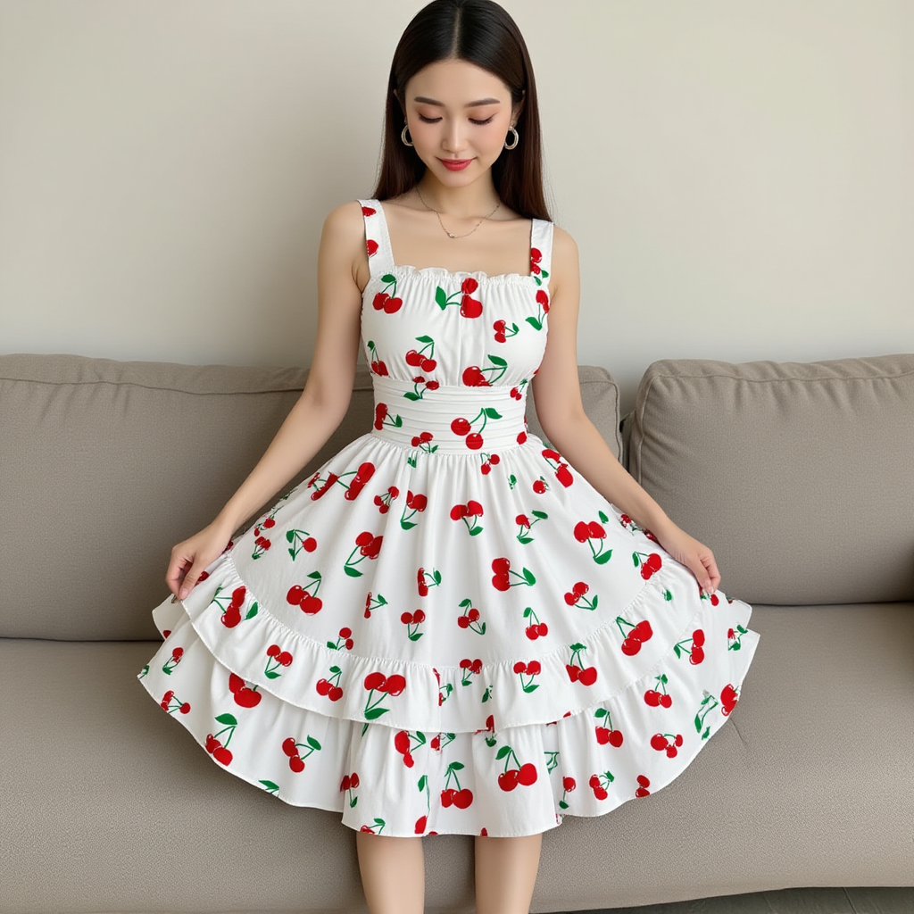 Cherry Ruffle Hem Dress – Cute Summer Sundress – Vintage Style Cherry Print Dress