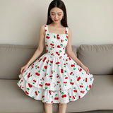 Cherry Ruffle Hem Dress – Cute Summer Sundress – Vintage Style Cherry Print Dress
