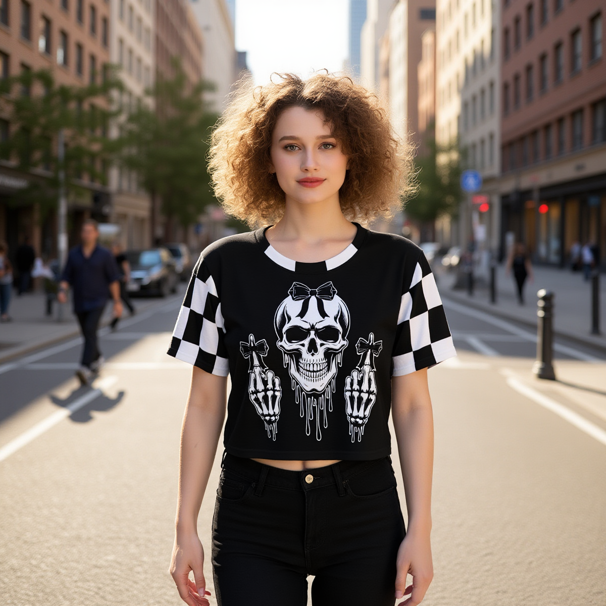 Gothic Skull Crop Top – Black & White Checkered Alt Graphic Tee