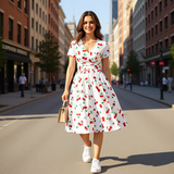 Cherry Print Midi Dress – Feminine V-Neck Summer Dress with Vintage Style