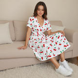 Cherry Print Midi Dress – Feminine V-Neck Summer Dress with Vintage Style