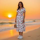 Cherry Print Midi Dress – Feminine V-Neck Summer Dress with Vintage Style