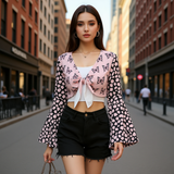 Butterfly Mesh Tie Front Top – Pink Bell Sleeve Sheer Blouse