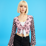 Butterfly Mesh Tie Front Top – Pink Bell Sleeve Sheer Blouse