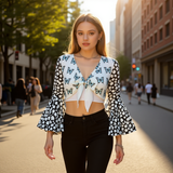 Blue Butterfly Mesh Tie Front Top – Sheer Bell Sleeve Blouse