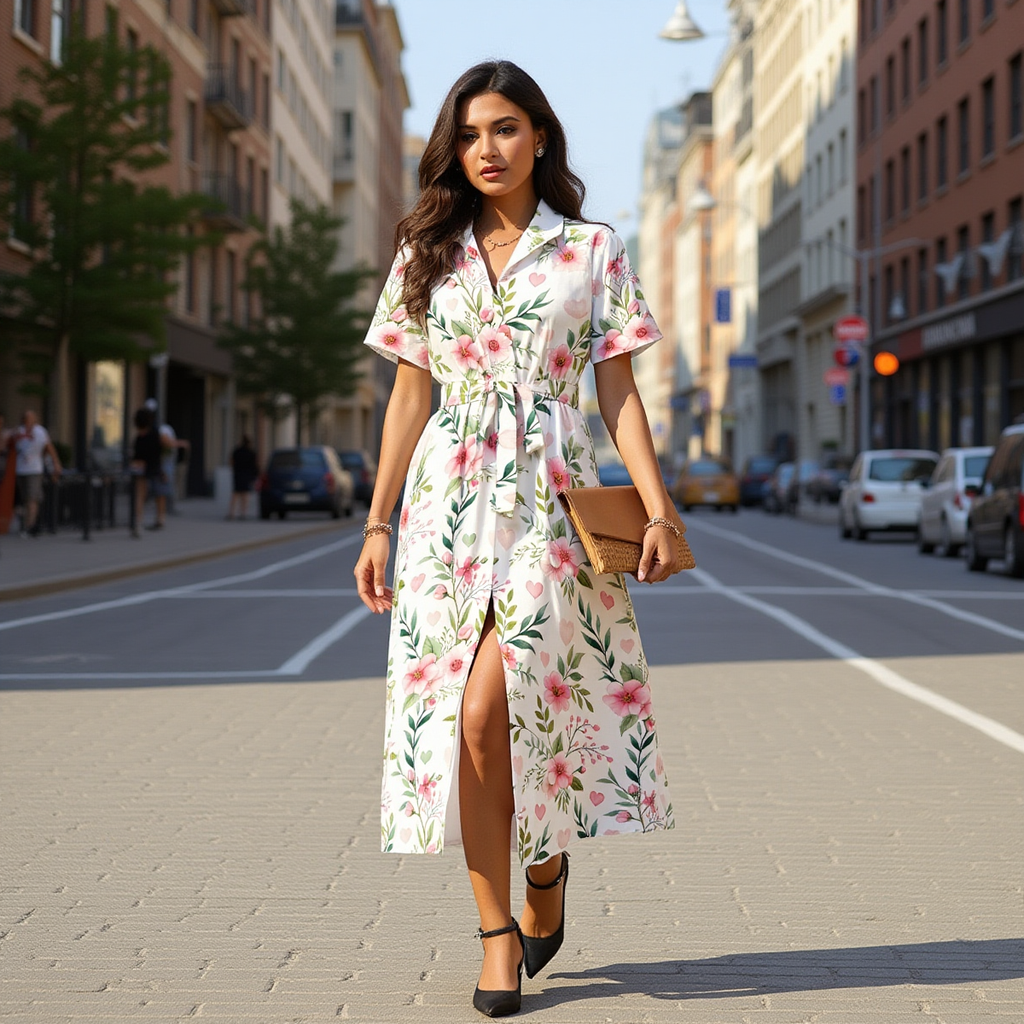 Floral Button Shirt Dress – Summer Waist Tie Midi Dress